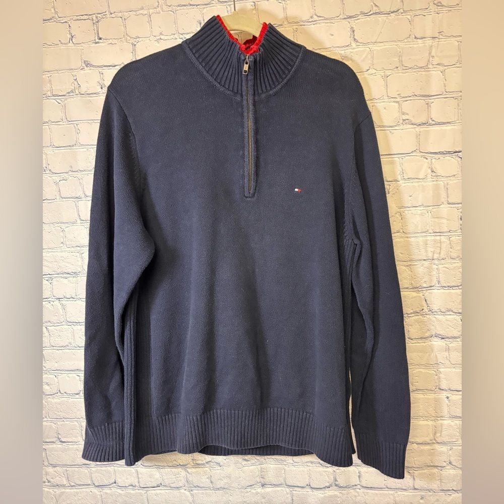 Tommy Hilfiger Navy 1/4 Zip Classic Preppy Business Mock Pullover Sweater M